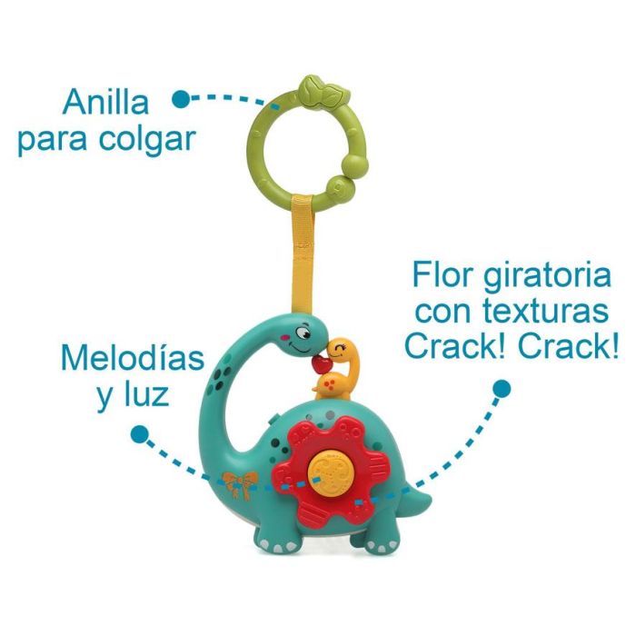 KioKids Dinosaurio Musical Interactivo 7 Melodías para Bebé +6 meses, Motricidad Fina, con Anilla para Cuna/Carrito, Multicolor 4