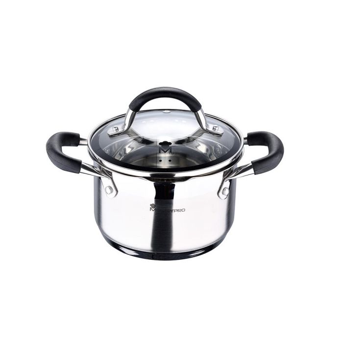 Masterpro Olla Foodies 1,8 l acero inoxidable Ø16x10 cm con tapa de vidrio y asas de silicona, apta para inducción, gas, eléctrica, vitrocerámica y halógeno Bgmp-1504-bk