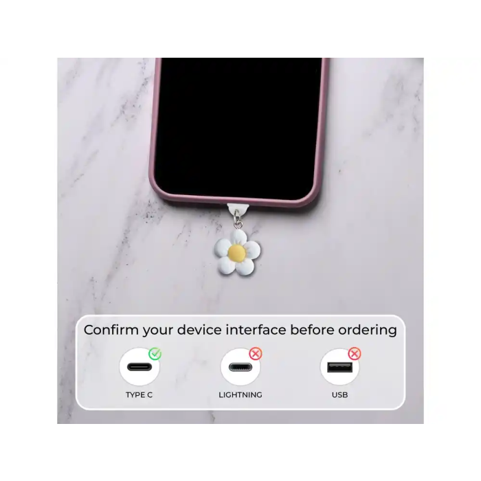 Wondee Charm Funny Protegepuertos Móvil con Colgante Floral Blanco para Tipo-C - Protección Contra Polvo y Decoración para Smartphone