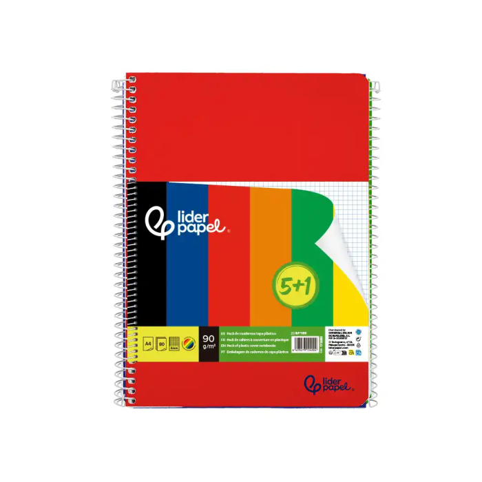 Liderpapel Cuaderno Espiral A4 Wonder Tapa Plástica 80 Hojas 90gr Cuadro 4mm con Margen Pack 6 Colores Surtidos 1