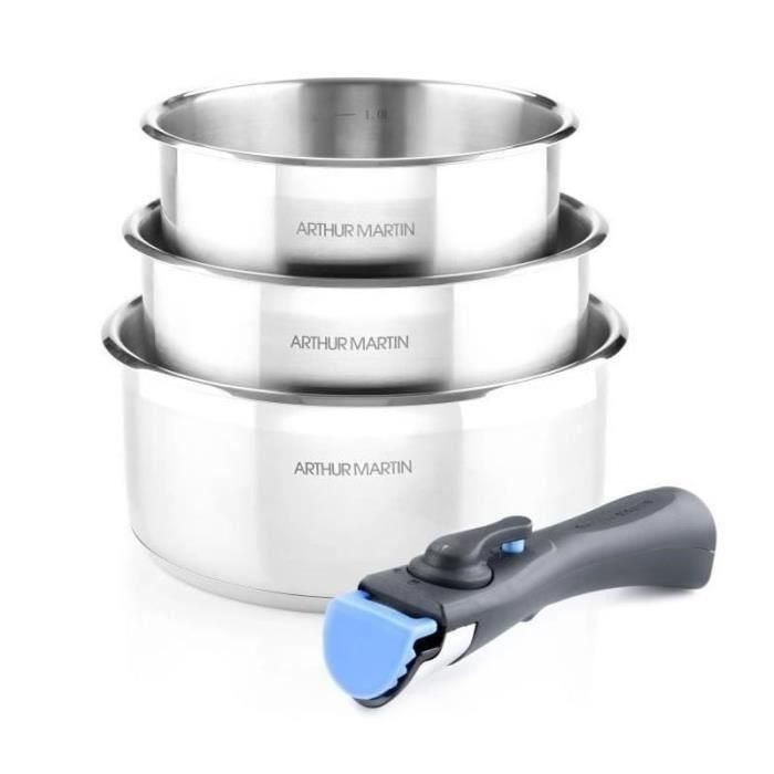 Arthur Martin AM3710 Conjunto de 3 Sartenes 16-18-20 cm, Acero Inoxidable con Mango Extraíble, Aptas para Inducción 1 Arthur Martin AM3710 Conjunto de 3 Sartenes 16-18-20 cm, Acero Inoxidable con Mango Extraíble, Aptas para Inducción 1