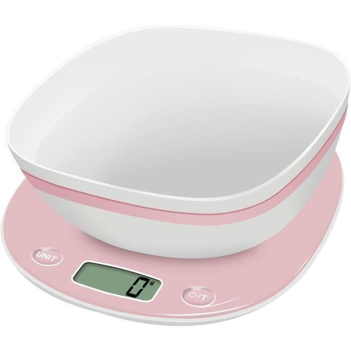 Báscula de cocina electrónica - TERRAILLON - Macaron Rosa + Bol - Capacidad 5 kg - Graduación 1 g - Conversión de líquido