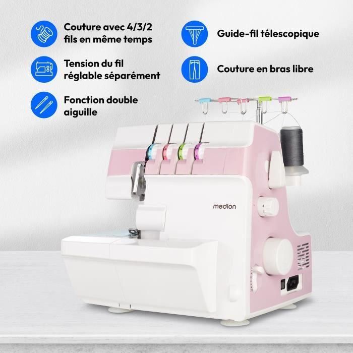 Medion MED4061275230840 Remalladora Overlock SO 90 91W 1200 rpm para costura doméstica con luz LED, agujas 11, 14, 16, rosa 1 Medion MED4061275230840 Remalladora Overlock SO 90 91W 1200 rpm para costura doméstica con luz LED, agujas 11, 14, 16, rosa 1