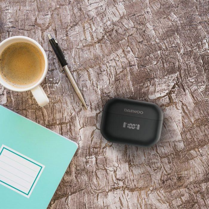 Daewoo Auriculares TWS Inalámbricos Bluetooth 5.4 Negro, Cancelación Activa de Ruido (ANC) y ENC, Pantalla Nivel de Carga, 35mAh auricular, 450mAh estuche