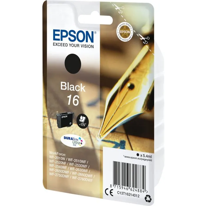 Epson 16 Tinta Ink-jet Negra Original para WorkForce WF-2010W, WF-2510WF, WF-2520NF, WF-2530WF, WF-2540WF - 175 Páginas 1
