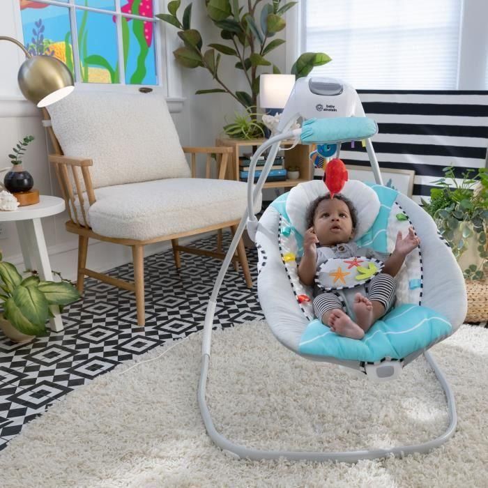 BABY EINSTEIN Columpio Ocean Explorers, ligero y compacto, asiento giratorio 180°, juguetes incluidos, modelo Curious Comfort 2