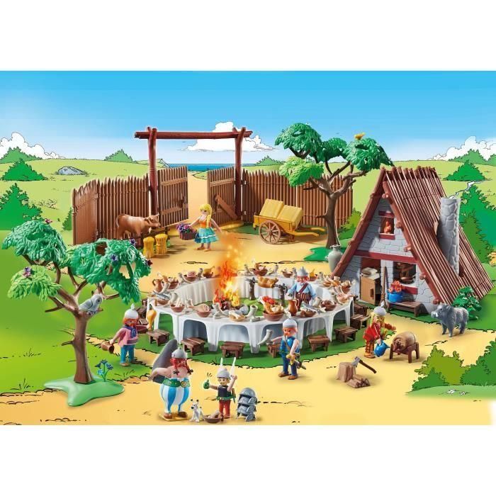 Playmobil 70931 Astérix: El banquete del pueblo - Set con cabaña, asador, fuego central y mesa para 18 galos, techo extraíble 1