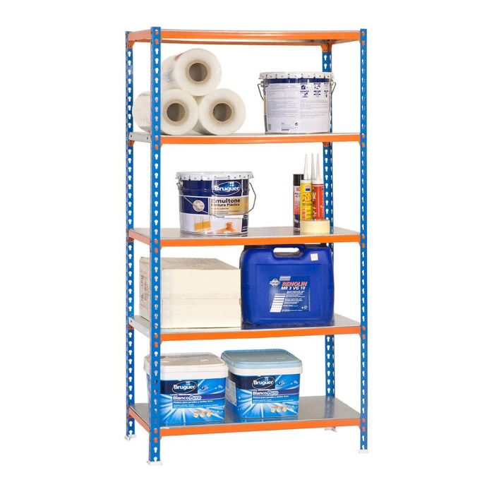 Simon Rack Estantería metálica Simonclick plus 5/500, sin tornillos, 5 estantes, carga 180kg, 2000x1000x500mm, azul/naranja/galvanizado 1