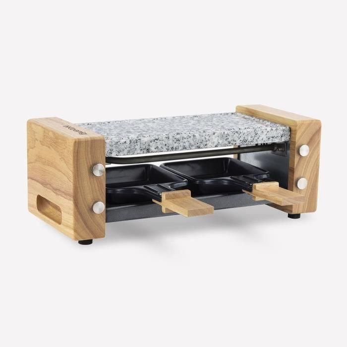H.Koenig WOD2 Raclette y Stone Cook para 2 Personas, 350W con Placa de Granito, 2 Poelones Antiadherentes y Diseño de Madera 1