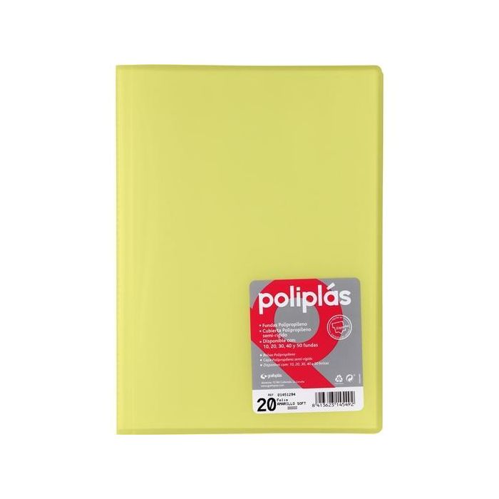 Grafoplás Carpeta con Fundas Poliplás Soldadas, Folio 20 Fundas, PP Semirrígido Translúcido, Amarillo Soft