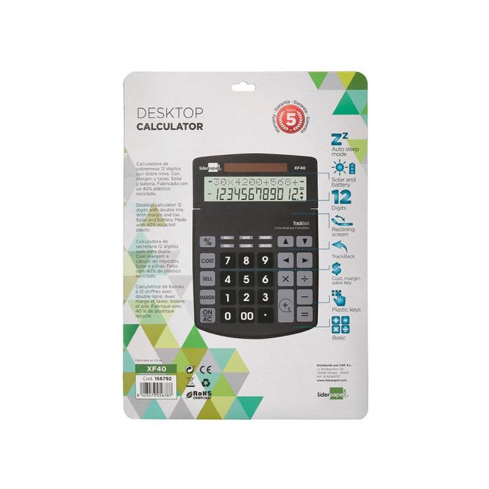 Calculadora Liderpapel Sobremesa Xf40 12 Digitos Dos Lineas Solar Y Pilas Negro 175x120x30 mm 40% Reciclada 9