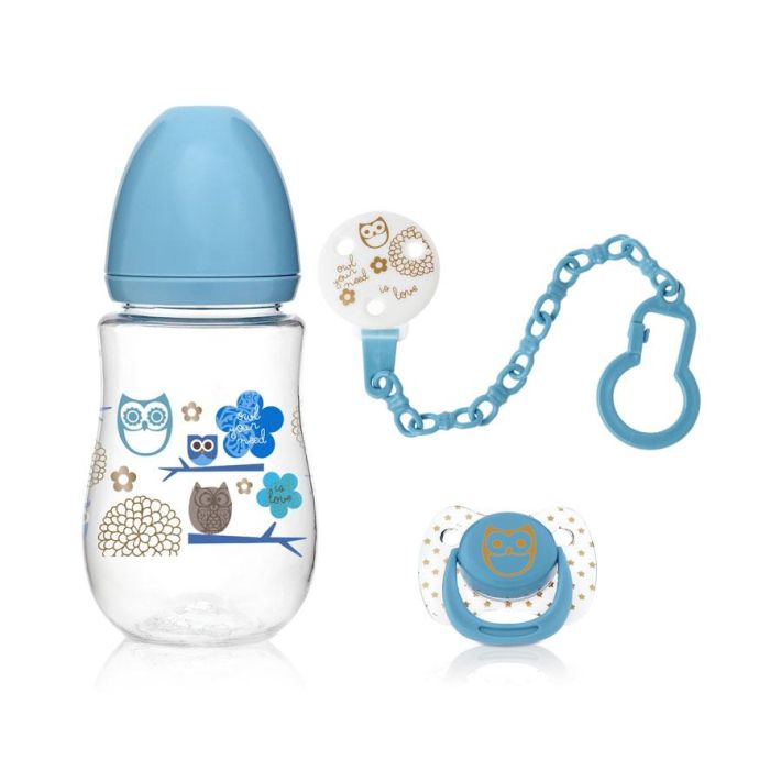 KioKids Set Biberón 250 mL, Chupete y Pinza Azul - Tetina Silicona Ortodóntica Anticólico para Bebés +6 Meses 1