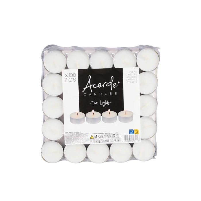 Acorde Set 100 Velas de Té Blancas de Cera y Aluminio, 4 Horas de Duración, Medidas por Pieza: 3.75x3.75x1.6 cm (10 Unidades) 2 Acorde Set 100 Velas de Té Blancas de Cera y Aluminio, 4 Horas de Duración, Medidas por Pieza: 3.75x3.75x1.6 cm (10 Unidades) 2