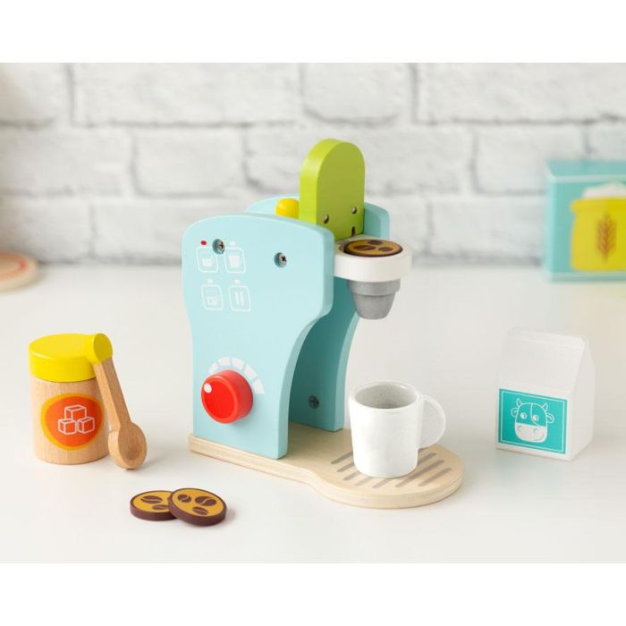 KioKids Cafetera de Juguete de Madera Azul para Niños +3 Años - Juego de Imitación con Leche, Taza y Cápsulas