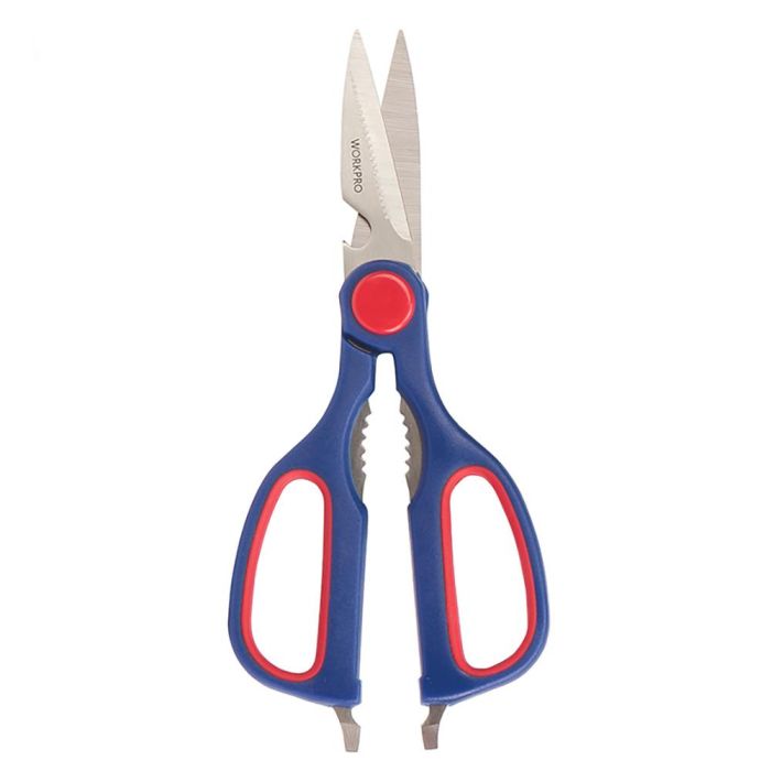 Workpro Juego de 4 tijeras de acero inoxidable, filo multipropósito, agarre moldeado, azul y rojo 3