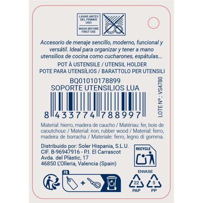 Inde Soporte Utensilios Lua Quttin, Organizador de Cocina, 13.5 x 13.5 x 17 cm (12 Unidades)