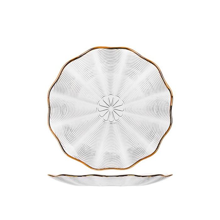 DKD Home Decor Plato Glam de Cristal Transparente y Dorado 22 x 2 x 22 cm Pack de 6 Unidades Apto Microondas y Lavavajillas