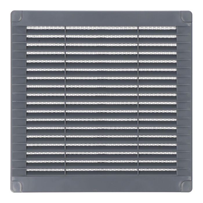 Rejilla ventilación cuadrada con tapones y mosquitera 200x200x7mm abs gris