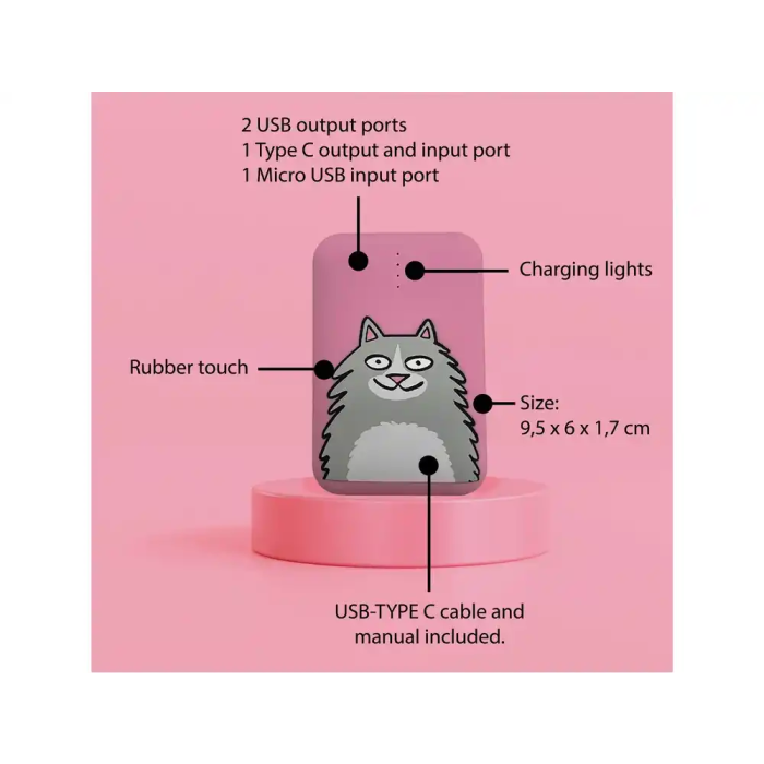 Wondee Bateria Externa 10.000 mAh Gato Rosa Portátil para Smartphone 2