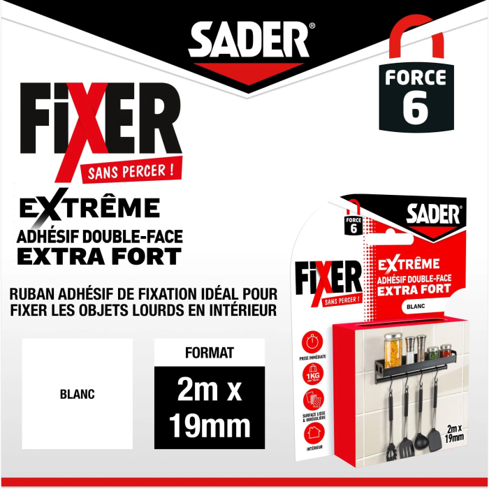 Sader - Adhesivo de Doble Cara Extra Fuerte, 2 m x 19 mm, Blanco, Soporta hasta 10 kg, Fijación sin Taladrar para Uso Interior, AAAVH55022