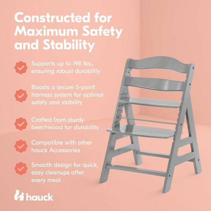 HAUCK Alpha + Silla alta de madera escalable para bebé - Asiento y reposapiés ajustables, arnés 5 puntos, gris 7