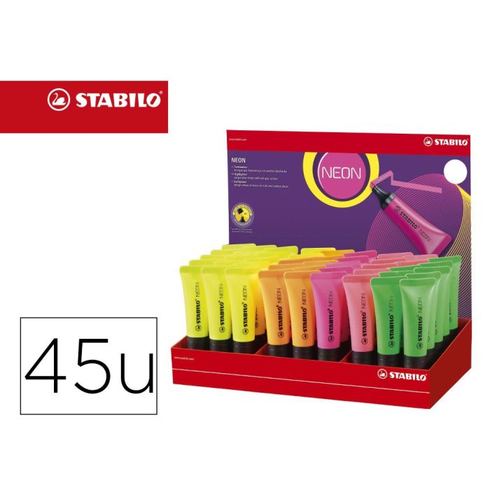 Rotulador Stabilo Fluorescente 72 Neon Expositor De 45 Unidades Colores Surtidos