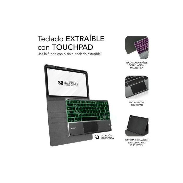 Subblim SUBKT4-BTPI02 Funda con Teclado KeyTab Pro BT para iPad 10.9" 10a Gen, Retroiluminado, Touchpad, Negro, QWERTY Español, Antigolpes, Ranura Apple Pencil 2 Subblim SUBKT4-BTPI02 Funda con Teclado KeyTab Pro BT para iPad 10.9" 10a Gen, Retroiluminado, Touchpad, Negro, QWERTY Español, Antigolpes, Ranura Apple Pencil 2