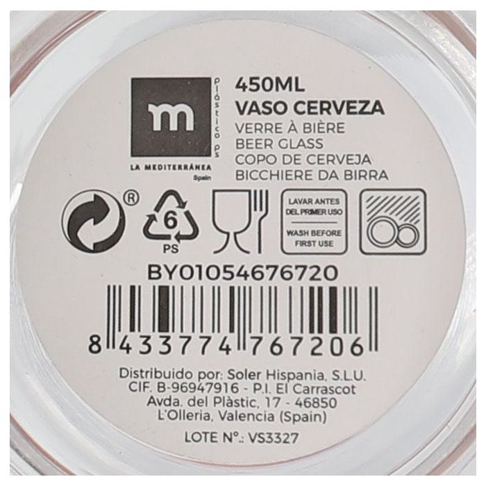 La Mediterranea Vaso Cerveza 450 ml, Alto 20 cm, Ancho 9 cm, Largo 9 cm (24 Unidades)
