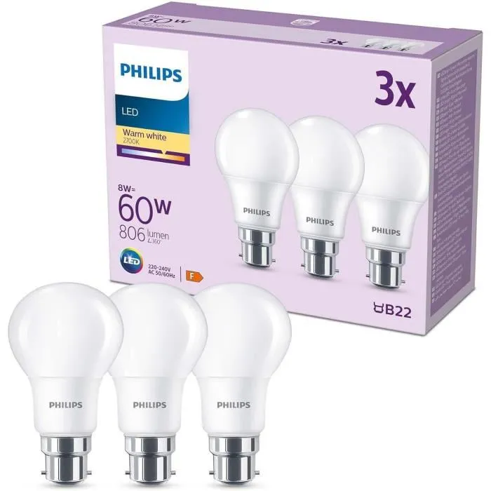 Philips Bombilla LED 8719514451278 60W B22 Blanco Cálido Mate No Regulable Pack 3 Unidades