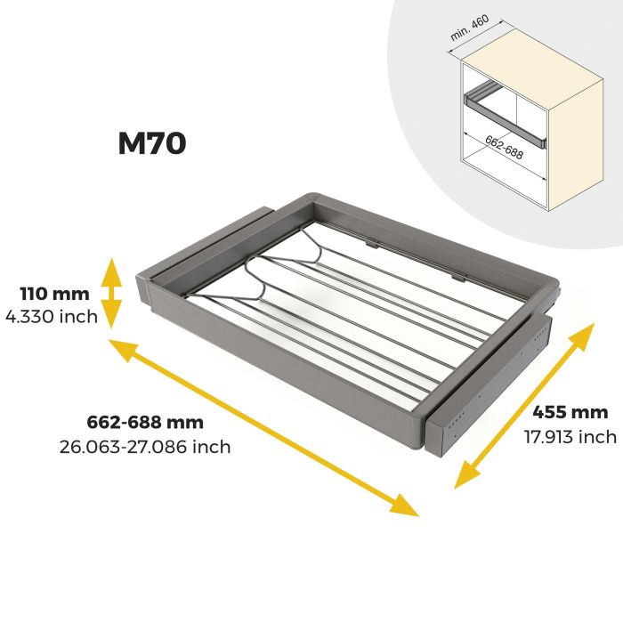 Emuca Kit de cajón zapatero y bastidor regulable Quartz para armarios, guías de cierre suave y extracción total, Módulo 70cm, Acabado Titanio 10