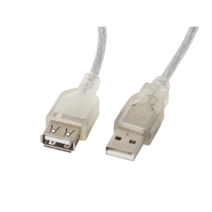 Lanberg Cable Alargador USB 2.0 Macho Hembra 1.8m Transparente con Núcleo de Ferrita y Pines Chapados en Oro