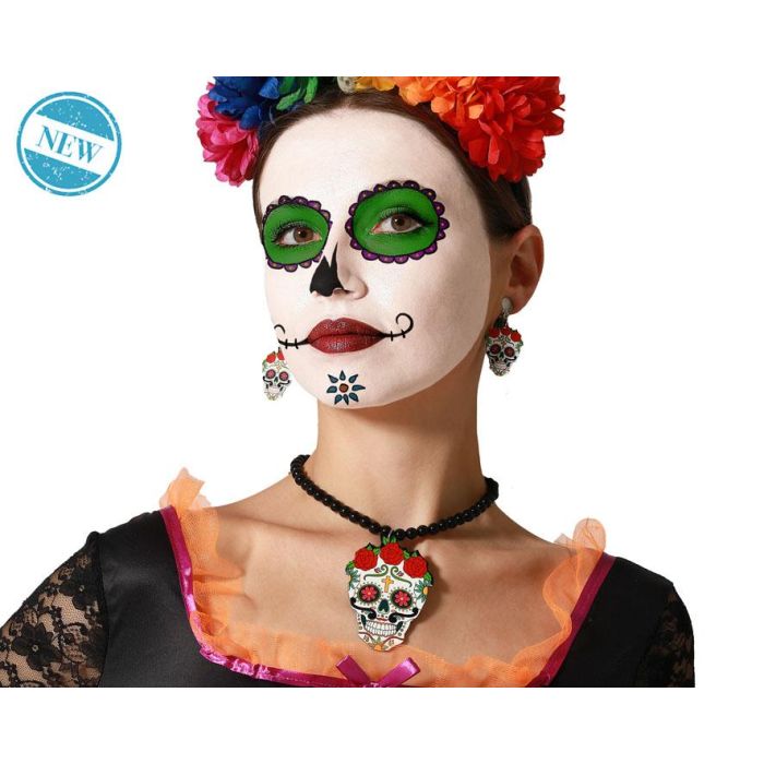 Set Collar y Pendientes Calavera Colorida para Catrina Mexicano Halloween