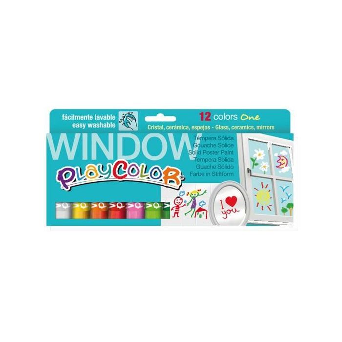 Playcolor Pintura Para Cristales En Barra Estuche De 12 Colores Surtidos - Fácilmente Lavable, Secado Rápido