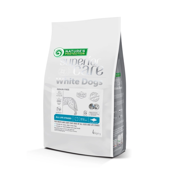Nature's Protection Alimento Seco para Perros Adultos Sin Cereales con Pescado Blanco, 4 kg - Fórmula Tear Stains off, Ideal para Pelaje Blanco y Color Claro