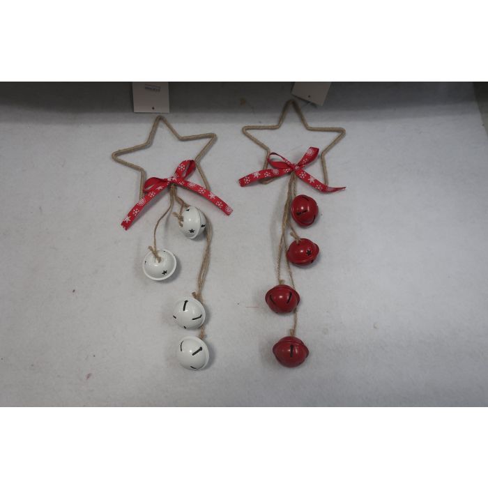 DKD Home Decor Decoración Colgante Navidad Tradicional Estrella Cascabel Rojo Blanco, 6 Unidades Surtidas, Metal y Cuerda 42 cm