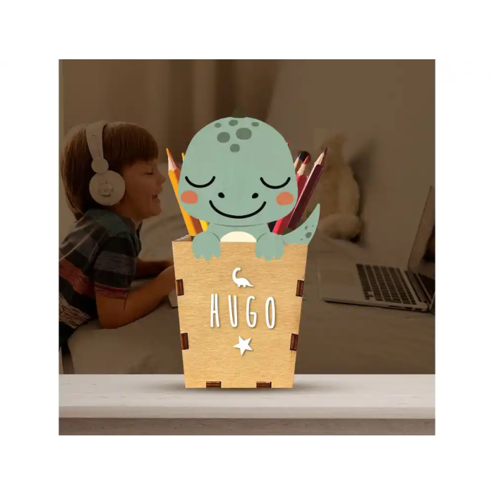 Wondee Cubilete Portalápices Personalizable Dino Madera para Escritorio Infantil 180x80x100 mm 1