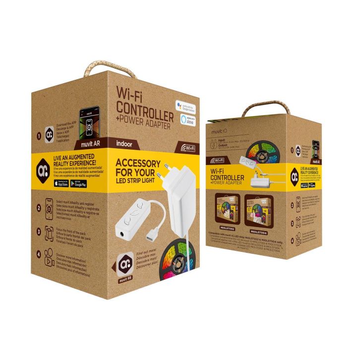 Muvit Controlador WiFi + Adaptador Corriente para Tiras LED Muvit iO, Compatible MIOLST002 y MIOLST004, Control Inteligente App y Voz, Indoor 12V 24W 2