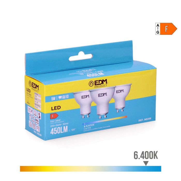 Edm Kit 3 Bombillas Dicroicas LED GU10 5W 450LM 6400K Luz Fría