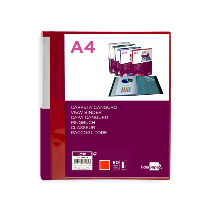 Liderpapel Carpeta 80 Fundas Canguro PP DIN A4 Rojo Translucido Portada y Lomo Personalizable 1