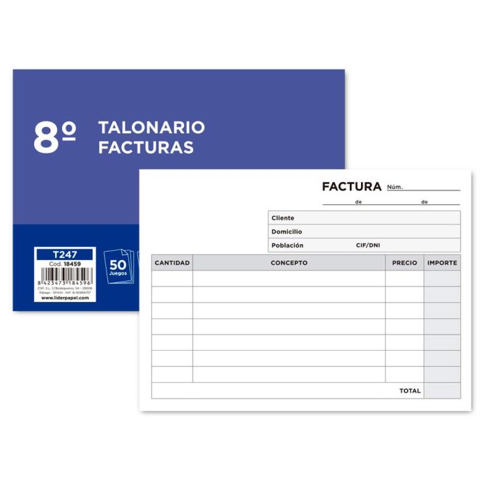 Talonario Liderpapel Facturas 8º Original Y Copia 247 Apaisado Sin I.V.A 10 unidades