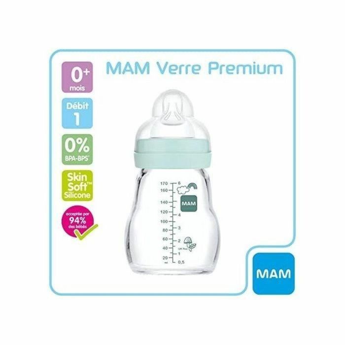 MAM Biberón de vidrio Glass premium 170ml Azul con Tetina Flow 1 ultra suave patentada, resistente al calor, para bebés 0-6 meses 1