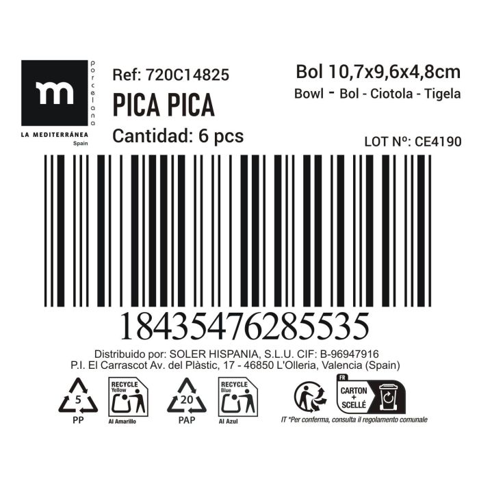 La Mediterranea Bol Aperitivo Ass.Col 10.7 cm x 9.6 cm x 5 cm "Pica-Pica" 100 ml (24 Unidades)