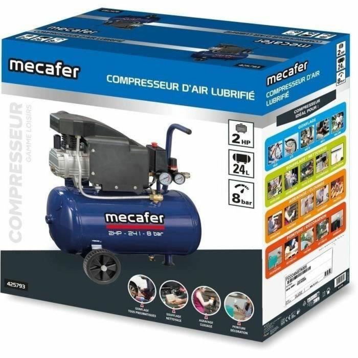 Mecafer 425793 Compresor de aire con depósito de 24 L, 2 HP y 8 bar, color azul 1 Mecafer 425793 Compresor de aire con depósito de 24 L, 2 HP y 8 bar, color azul 1