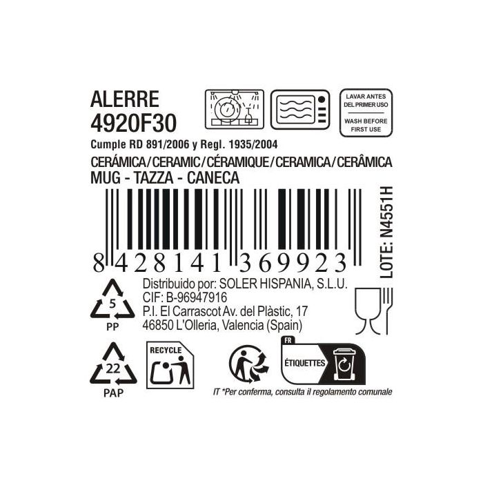 La Mediterranea Mug Alerre 320 ml (Ø 8 cm x 10.5 cm) de Cerámica para Café (24 Unidades)