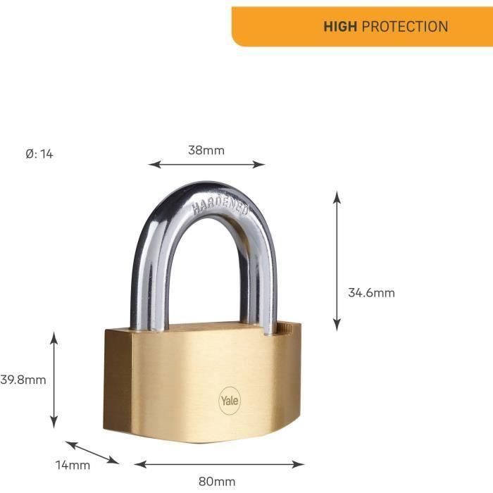 Candado de seguridad con martillo - YALE - Y2B/80/138/1 - Latón 80 mm - Arco de acero cementado - 3 llaves 4