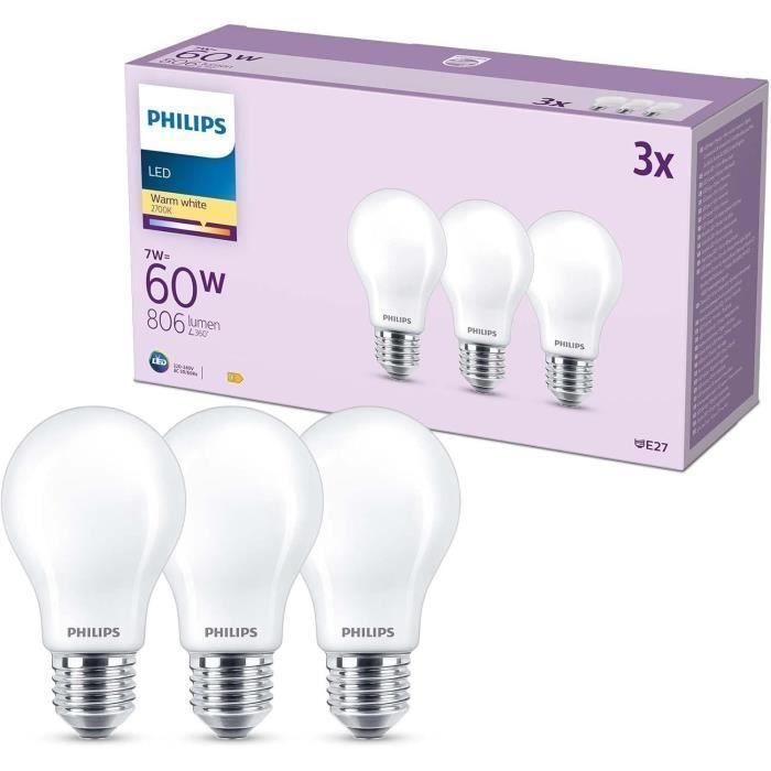 Bombilla LED - PHILIPS - Clásica - 60 W - A60 E27 - Blanco cálido - No regulable x 3 1 Bombilla LED - PHILIPS - Clásica - 60 W - A60 E27 - Blanco cálido - No regulable x 3 1