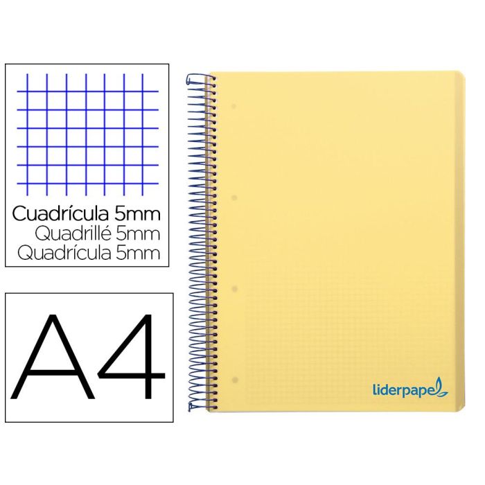 Cuaderno Espiral Liderpapel A4 Micro Wonder Tapa Plastico 120H 90 gr Cuadro 5 mm 5 Banda4 Taladros Color Amarillo