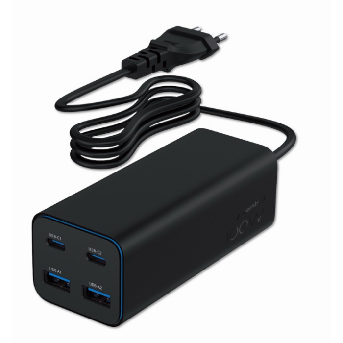 Gembird TA-UC-2A2C-PD100-01-BK Adaptador de Corriente Cargador Rápido 100W con 3 Puertos USB-C para Portátil y Smartphone Negro