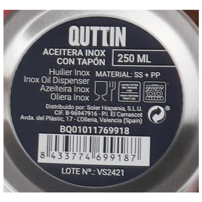 Aceitera de acero inoxidable 250 ml con tapón Quttin (12 Unidades) 7 Aceitera de acero inoxidable 250 ml con tapón Quttin (12 Unidades) 7