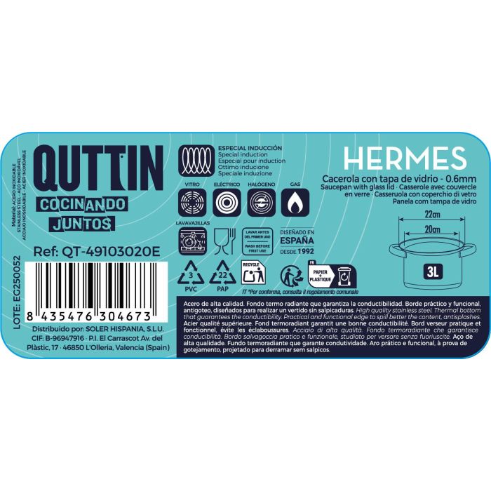 Cacerola 20Cm(3L) Acero Ind. C/T "Hermes" Qt (4 Unidades) 2 Cacerola 20Cm(3L) Acero Ind. C/T "Hermes" Qt (4 Unidades) 2